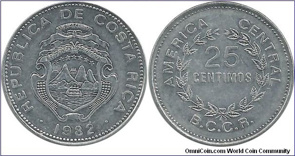CostaRica 25 Centimos 1982(r), Mint identification (r)= RCM – Royal Canadian Mint