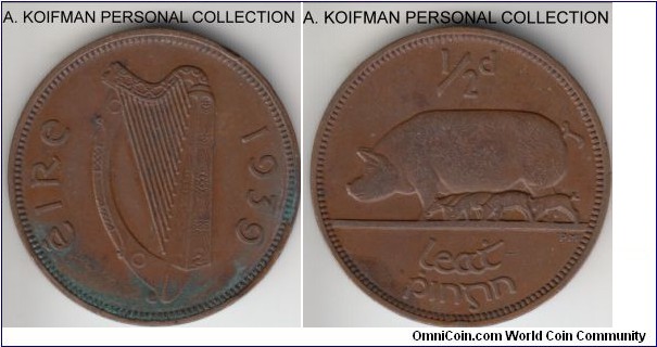 KM-10, 1939 Ireland half penny; bronze, plain edge; good very fine to extra fine, a bit dirty, first year and scarcest mintage of the type.
