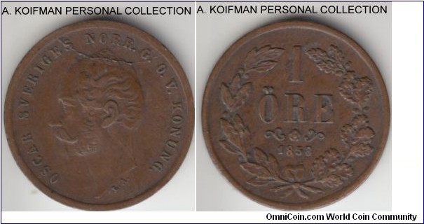 KM-687, 1858 Sweden one; bronze, plain edge; very fine or so, obverse die break, L.A. variety.