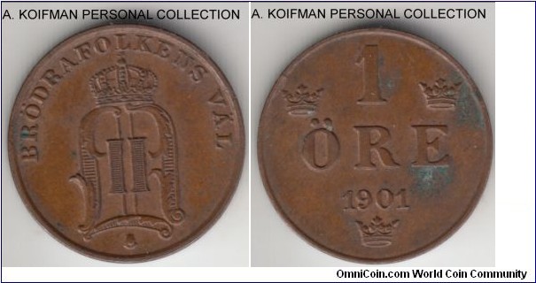 KM-750, 1901 Sweden ore; bronze, plain edge; about uncirculated, but few spots on reverse.