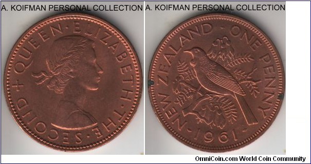 KM-24.2, 1961 New Zealand penny; bronze, plain edge; uncirculated, couple of carbon spots on reverse.