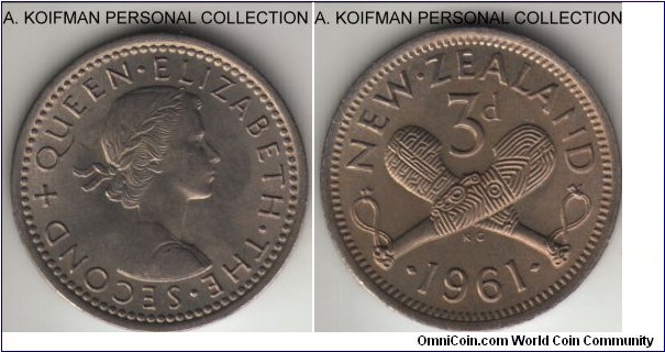 KM-25.2, 1961 New Zealand 3 pence; copper-nickel, plain edge; average uncirculated, reverse is especially sharp.