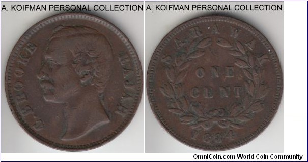 KM-6, 1884 Sarawak cent; bronze, plain edge; dark brown and a bit dirty fine or about.