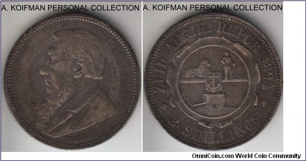 KM-6, 1894 South Africa 2 shillings; silver, reeded edge; good fine to very fine.