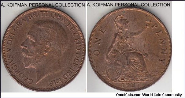 KM-826, 1927 Great Britain penny; bronze, plain edge; modified effigy, almost uncirculated detail, but it may have been wiped producing unusual streaky toning pattern.