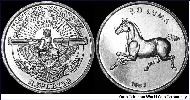 Nagorno-Karabakh - 50 Luma - 2004 - Aluminium - Weight 0,95 gr - Size 19,8 mm - Thickness 1,4 mm - Alignment Medal (0°) - Obverse National arms - Reverse Horse cantering left - Edge Plain - Reference KM# 6 (2004)