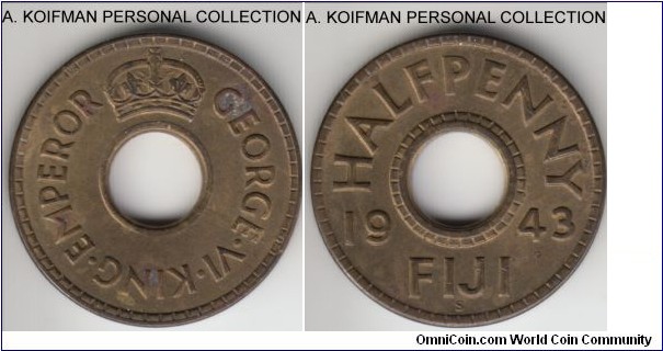KM-14a, 1943 Fiji 1/2 penny, San Francisco mint (S mint mark); brass, plain edge; about uncirculated details, a couple of spots on obverse.
