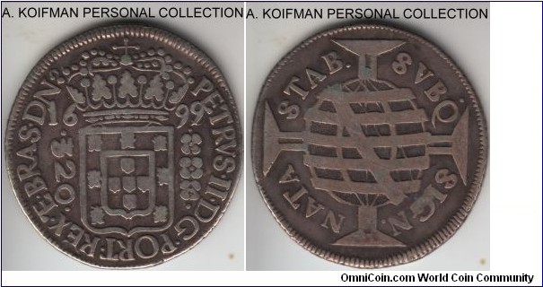 KM-89.1, 1699 Brazil (Colony) 320 reis; silver, slant reeded edge; fine or better, scarcer earlier Brazil mintage.