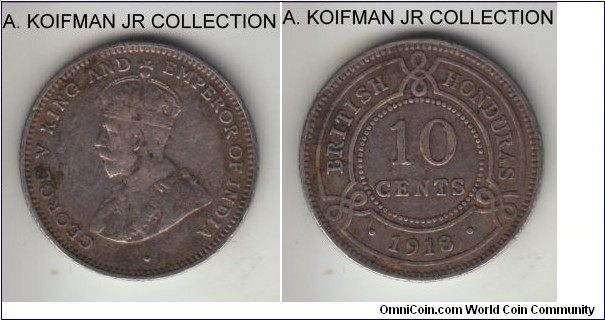 KM-20, 1918 British Honduras 10 cents; silver, reeded edge; George V, scarce with mintage of 10,000, very fine or almost.