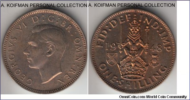 KM-864, 1948 Great Britain shilling; copper-nickel, reeded edge; Scottish crest, pleasantly toned uncirculated or almost.