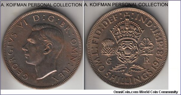 KM-864, 1948 Great Britain 2 shilings (florin); copper-nickel, reeded edge; lightly toned uncirculated.