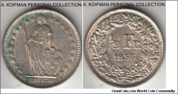 KM-23, 1955 Switzerland 1/2 franc; silver, reeded edge; about uncirculated, smaller mintage year.