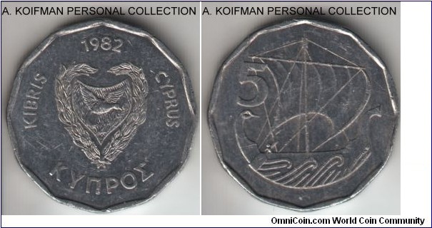 KM-50.2, 1982 Cyprus 5 mils; aluminum, 12-sided flan, plain edge; circulated, about extra fine.