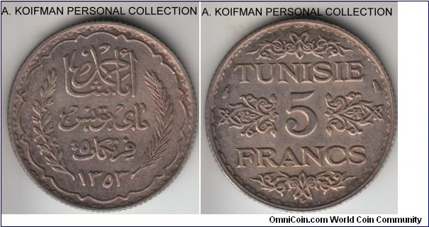 KM-261, AH1353 (1934) Tunisia 5 francs; silver, reeded edge; toned extra fine, possibly lightly cleaned before but retoned, first year of a two-year type.