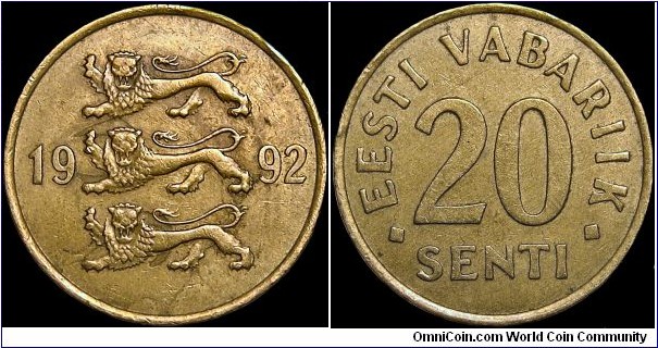 Estonia - 20 Senti - 1992 - Weight 2,27 gr - Aluminium-bronze - Size 18,95 mm - Thickness 1,07 mm - Alignment Medal (0°) - Engraver A.Raud / A. Mölder - Edge . Plain - Mintage 31 540 000 - Reference KM# 23 (1992-1996)