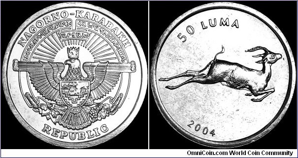 Nagorno-Karabakh - 50 Luma - 2004 - Weight 0,95 gr - Aluminium - Size 19,7 mm - Thickness 1,4 mm - Alignment Medal (0°) - Obverse : National arms - Reverse : Antelope leaping to right - Edge Plain - Reference KM# 7 (2004)