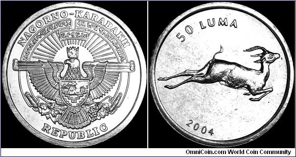 Nagorno-Karabakh - 50 Luma - 2004 - Weight 0,95 gr - Aluminium - Size 19,7 mm - Thickness 1,4 mm - Alignment Medal (0°) - Obverse : National arms - Reverse : Antelope leaping to right - Edge Plain - Reference KM# 7 (2004)
