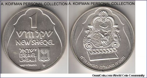 KM-183, 1987 Israel new sheqel, Stuttgart mint, Star of David mint mark; silver, plain edge; matte uncirculated, English menora lamp, mintage 7,810.