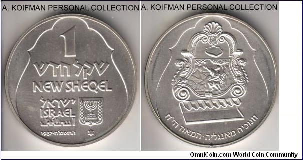 KM-183, 1987 Israel new sheqel, Stuttgart mint, Star of David mint mark; silver, plain edge; matte uncirculated, English menora lamp, mintage 7,810.