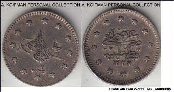 KM-748, AH1327//2 (1910) Turkey (Osman Empire) kurush, Constantinople mint; silver, reeded edge; very fine or so, short 3 year type of Mehmed (Muhammad V).