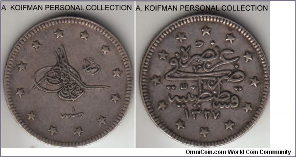 KM-749, AH1327//1 (1909) Turkey (Osman Empire) 2 kurush, Constantinople mint; silver, reeded edge; good very fine, quite a bit of grime, Sultan Mehmed (Muhammad V).