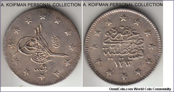 KM-736, AH1293//11 (1887) Turkey (Osman Empire) 2 kurush, Constantinople mint; silver, reeded edge; good extra fine or better, some lustre showing, Sultan Abdul Hamid II.