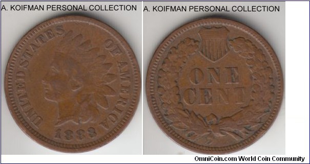 KM-90a, 1883 United States of America cent; bronze, plain edge; circulated, fine or so.