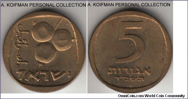 KM-25, 1964 Israel 5 agorot; aluminum-bronze, plain edge; average uncirculated, lighly toned, one of the Israel's circulation rarities with mintage of 21,451.
