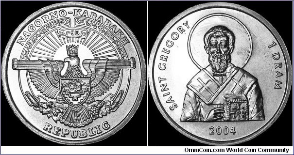 Nagorno-Karabakh - 1 Dram - 2004 - Weight 1,1 gr - Aluminium - Size 22,0 m - Thickness 1,5 mm - Alignment Medal (0°) - Obverse National arms - Reverse Saint Gregory - Edge Plain - Reference KM# 9 (2004)