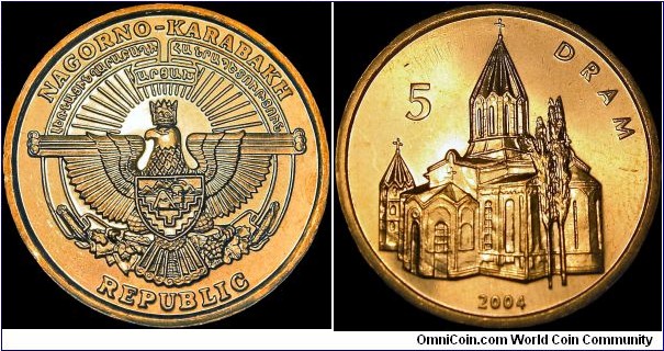 Nagorno-Karabakh - 5 Dram - 2004 - Weight 4,5 gr - Aluminium bronze - Size 22,0 mm - Thickness 1,74 mm - Alignment Medal (0°) - Obverse National arms - Reverse Monestery of Gangzasar - Edge plain - Reference KM# 11 (2004)