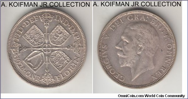 KM-834, 1928 Great Britain florin; silver, reeded edge; George V, extra fine with couple of minor flan defects - small lamination and a cavity.