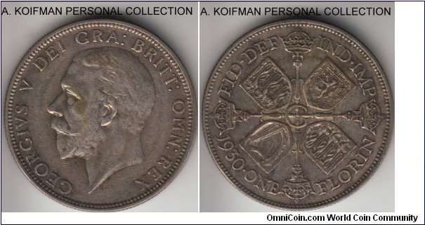KM-834, 1930 Great Britain florin; silver, reeded edge; scarcer year, second smallest mintage, very fine or about.