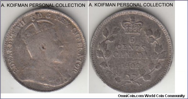 KM-9, 1902 Canada 5 cents, Royal mint (no mint mark); silver, reeded edge; well circulated, toned, probably fine.