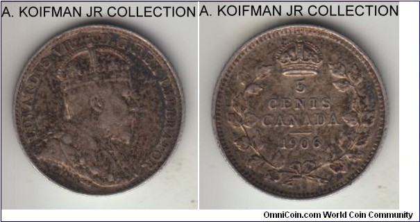 KM-13, 1906 Canada 5 cents; silver, reeded edge; Edward VI, generally smaller mintages, toned, very fine or almost.