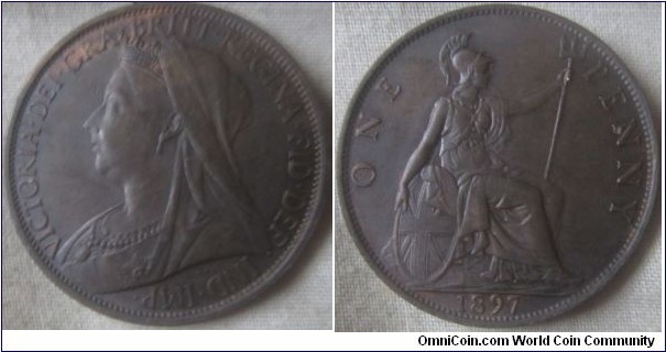 1897 penny, EF grade, die cracks at O in ONE