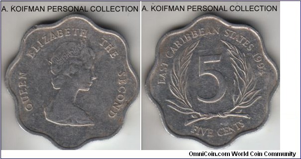KM-12, 1994 East Caribbean States 5 cents; aluminum, scalloped flan, plain edge; circulated.