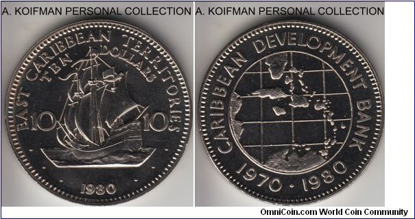 KM-8, 1980 East Caribbean States 10 dollars; copper-nickel, reeded edge; 10'th Anniversary of the Caribean Development Bank commemorative, bright proof-like coin.