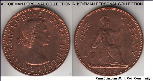 KM-897, 1963 Great Britain penny; bronze, plain edge; average red uncirculated with some toning starting.