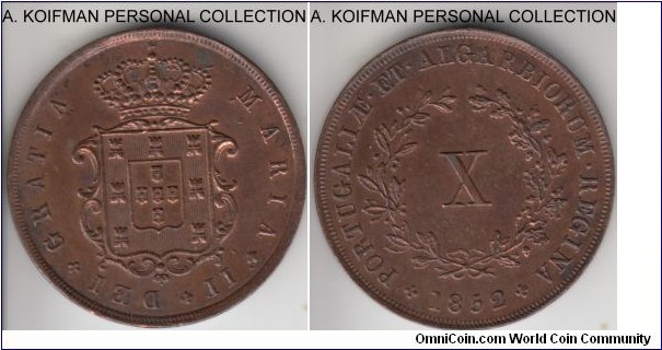 1852 Madeira (Portuguese)  10 reis; copper, plain edge; good extra fine but cleaned, not a common coin in high grades.