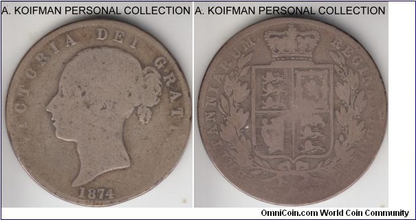 KM-756, 1874 Great Britain half crown; silver, reeded edge; well worn, good or so, first year of the type mintage.
