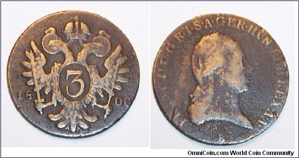 3 Kreuzer 
Mint mark B Kremnitz, Hungary
Archduke Francis II 1792–1804