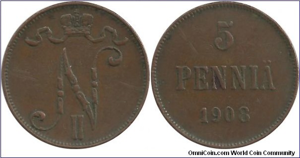 Finland-Grand Duchy 5 Penniä 1908