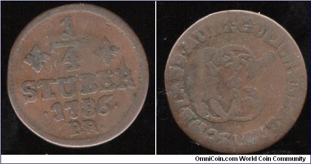 1786 on 85 German State of Julich-Berg  1-4 Stuber Mint mark PR Dusseldorf