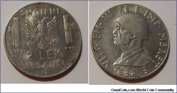 2 Lek Italian Occupation R Mint mark Rome. Victor Emmanuel III 1869–1947 King of Italy from 29 July 1900 until his abdication on 9 May 1946. Claimed the thrones of Ethiopia and Albania as Emperor of Ethiopia 1936–41 & King of the Albanians 1939–43