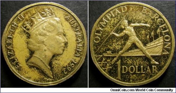 Australia 1992 1 dollar commemorating the Barcelona Olympics. This was a NCLT proof coin released into circulation. Weight: 8.83g