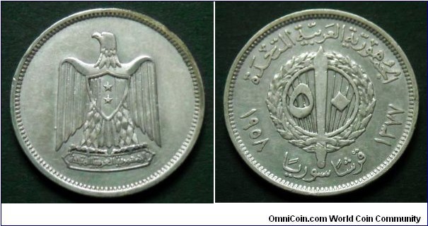 Syria (United Arab Republic) 50 piastres.
1958, Ag 600. 