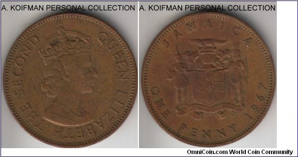 KM-39, 1967 Jamaica penny; nickel-brass, plain edge; average extra fine or about, toning typical of the nickel-brass.