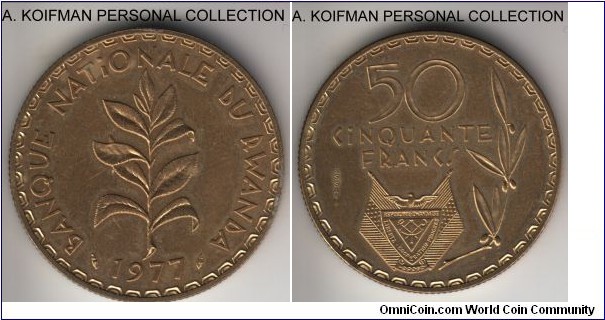 KM-E7, 1977 Rwanda 50 francs, Paris mint; essai, brass, reeded edge; mintage unknown, but scarcer than average African states essai issues, may have been cleaned or have residue from the sticky tape.