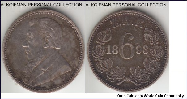 KM-4, 1893 South Africa 6 pence; silver, reeded edge; toned extra fine or about, mintage 96,000.