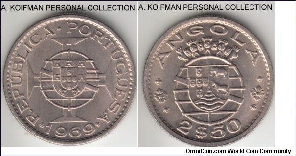 KM-77, 1969 Portuguese Angola 2 1/2 escudos; copper-nickel, reeded edge; nice white uncirculated, common issue.